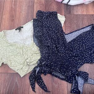 Navy Polka Dot Blouse and Light Green Blouse Set XS and S Women’s